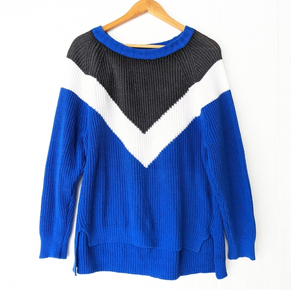 EXPRESS chunky oversized colorblock royal blue ribbed knit crewneck sweater - Picture 1 of 8
